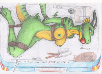 2_horns 4_toes anthro areola arms_tied athletic athletic_anthro athletic_female ball_gag bdsm big_breasts black_stripes blindfold blue_eyes bondage bound box breasts butt car car_trunk claws container curvy_figure dialogue duct_tape eyelashes feet female fully_bound gag gagged green_body green_nipples green_scales green_tail hands_behind_back hands_tied hogtied horn knife legs_tied logo looking_at_viewer lying markings motion_lines muffled multicolored_body multicolored_scales navel nipples nude nude_anthro nude_female offscreen_character on_side open_mouth open_mouth_gag restrained restraints rope rope_bondage rope_harness scales solo speech_bubble striped_body striped_markings striped_scales striped_tail stripes submissive submissive_anthro submissive_female tail tail_bondage tail_markings tail_tied tape text thick_thighs toe_claws toes vehicle yellow_body yellow_breasts yellow_scales yellow_tail spiritalpha mythology adhara dragon mythological_creature mythological_scalie scalie wingless_dragon artist_logo colored_pencil_(artwork) graphite_(artwork) traditional_media_(artwork)