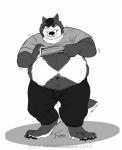 anthro belly claws clothed clothing dressing eyes_closed fur male moobs navel obese obese_anthro obese_male overweight overweight_anthro overweight_male simple_background solo standing toe_claws white_background rehgan canid canine canis mammal wolf greyscale monochrome