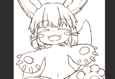 ambiguous_gender anthro eyes_closed fangs fur hair happy kemono midriff navel open_mouth open_smile reaching_towards_viewer sitting smile solo tail teeth gafu0320real made_in_abyss nanachi lagomorph mammal narehate 2024 digital_media_(artwork) greyscale hi_res monochrome pillarbox portrait sketch unfinished