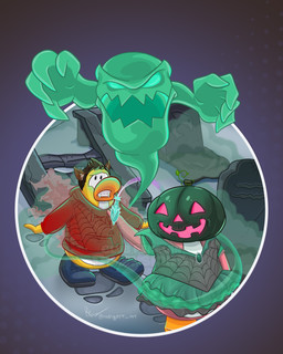ambiguous_gender anthro blue_clothing blue_footwear blue_shoes brown_hair clothing dress footwear green_clothing green_dress grey_clothing grey_dress group hair holidays hoodie jack-o'-lantern jack-o'-lantern_on_head male multicolored_clothing multicolored_dress pink_body pink_skin red_clothing red_hoodie red_topwear sharp_teeth shoes short_hair teeth tombstone topwear trio two_tone_clothing two_tone_dress wolf_ears yellow_body yellow_skin rodrigorr club_penguin halloween avian bird ghost penguin spirit absurd_res hi_res signature
