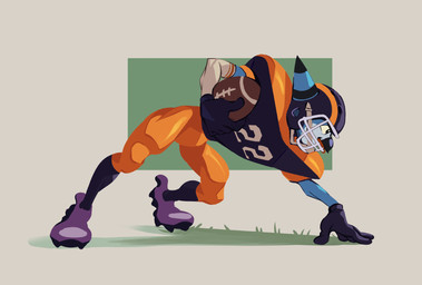 anthro beak blue_body cleats clothing compression_sleeve football_gear football_helmet football_jersey football_pants football_player furgonomic_headwear furgonomics gloves grass hand_on_ground handwear hunched_over male mouthguard number_on_clothing plant solo owy owy_(character) avian bird owl 2023 hi_res