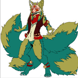 4_tails anthro bell blind calm clothing crotch_tuft disability male mask multi_tail pawpads paws pointy_ears prick_ears red_clothing red_ropes red_sun rope several_tails sleeveless_shirt solo sun_symbol tail topwear tuft vest aziel14041985 ri_hu_(aziel14041985) canid canine fox mammal monochrome sketch