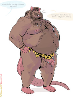 anthro arm_hair balls beard belly belly_hair big_belly body_hair bottomwear chest_hair clothing dialogue facial_hair frenum_ladder frenum_piercing genital_piercing genitals ladder_piercing loincloth male mature_male moobs nipples overweight overweight_male penis penis_piercing piercing prince_albert_piercing solo standing text thick_penis wardrobe_malfunction dramamine mammal murid murine rat rodent 2025 english_text hi_res