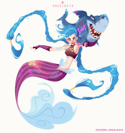 arm_tattoo blue_eyes braided_hair chest_tattoo duo female feral freckles hair long_hair mermaid_tail mermaidification pigtails simple_background split_form tail_tattoo tattoo twin_braids twintails_(hairstyle) white_background dreelrayk arcane_(tv_series) league_of_legends riot_games tencent jinx_(lol) aquatic fish humanoid merfolk shark 2025 hi_res