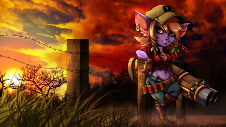 barbed_wire big_ears boots bottomwear braided_hair breasts brown_hair chewing chewing_grass clothing cloud denim denim_bottomwear denim_clothing detailed_background ear_piercing female fence fingerless_gloves flannel footwear gloves grass gun hair handwear hat headgear headwear humanoid_pointy_ears jeans looking_at_viewer medium_breasts midriff navel navel_rim object_in_mouth pants piercing plant pointy_ears purple_body purple_skin ranged_weapon shell_(projectile) shirt shoes shortstack shortstack_female shotgun shotgun_shell sky solo sun sunset tied_shirt topwear tree weapon wheat yellow_eyes plagueofgripes league_of_legends riot_games tencent tristana_(lol) humanoid yordle 16:9 2015 hi_res widescreen