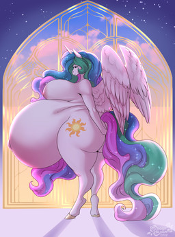 anthro areola belly big_belly big_breasts big_butt biped breasts butt eyelashes feathered_wings feathers female female_anthro hair hooves horn huge_belly huge_breasts hyper hyper_belly hyper_pregnancy multicolored_hair nipples nude pink_areola pink_nipples pregnant pregnant_anthro pregnant_female pupils smile white_body wings tiggybloom friendship_is_magic hasbro my_little_pony mythology princess_celestia_(mlp) equid equine mammal mythological_creature mythological_equine winged_unicorn 2026 hi_res