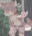 4_fingers accessory anthro biped black_nose blurred_background blush bottomwear brown_body brown_fur clothed clothing fingers fur headband kemono looking_at_viewer male multicolored_body multicolored_fur navel open_mouth orange_eyes outside raining shorts solo standing topless two_tone_body two_tone_fur wet wet_body wet_clothing wet_fur white_body white_fur young young_anthro young_male nekowuwu canid canine canis mammal wolf 2019 hi_res