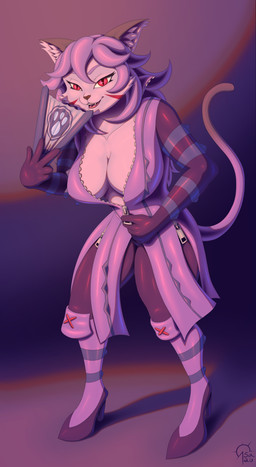 anthro boots breasts clothing fan_(object) female footwear fur gloves hair handwear high_heeled_boots high_heels jumpsuit pink_body pink_fur pupils purple_hair red_eyes shoes slit_pupils solo stripes tail unzipped zipper sacrificabominat cyberconnect2 little_tail_bronx solatorobo opera_kranz domestic_cat felid feline felis mammal absurd_res hi_res