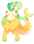 anthro areola big_breasts breasts claws curvy_figure facial_horn fangs female finger_claws food fruit genitals green_body holding_tail horn lemon lime navel nipples non-mammal_breasts nose_horn nude open_mouth open_smile plant puffy_areola puffy_nipples pussy simple_background smile solo tail teeth thick_thighs toe_claws wide_hips yellow_body ground-lion chimereon cobra elemental_creature elemental_humanoid flora_fauna humanoid plant_humanoid reptile scalie snake