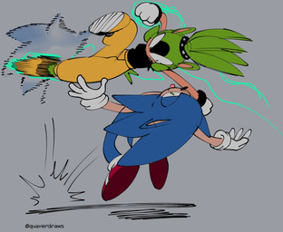 accessory aggressive angry anthro blue_body blue_fur bottomwear bracelet clothing dodging duo female fight flying_kick footwear fur gloves green_body green_eyes green_fur hair hair_accessory hairband handwear jewelry kick male midair pants ponytail quills_(anatomy) red_clothing red_footwear red_shoes sharp_teeth shoes smug smug_face tan_arms tan_mouth tan_stomach tan_torso taunting teeth tongue tongue_out yellow_bottomwear yellow_clothing yellow_pants quavernsfw idw_publishing sega sonic_the_hedgehog_(comics) sonic_the_hedgehog_(idw) sonic_the_hedgehog_(series) sonic_the_hedgehog surge_the_tenrec afrosoricid eulipotyphlan hedgehog mammal tenrec guide_lines hi_res sketch