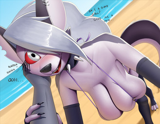 anthro beach big_breasts bikini blush breasts cleavage clothed clothing collar duo ear_piercing ear_ring female fur gloves good_girl hair hair_over_eye handwear headpat legwear looking_at_viewer male male/female outside piercing red_sclera ring_piercing sea smile stockings swimwear tail teeth text two-piece_swimsuit water white_body white_fur conditional_dnp creatiffy hellaverse helluva_boss mythology loona_(helluva_boss) canid canid_demon canine demon hellhound mammal mythological_canine mythological_creature digital_media_(artwork) english_text hi_res