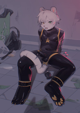 alley annoyed anthro black_latex bodily_fluids buttplug clothing collar condom_suit cuff_(restraint) cum cum_from_ass cum_in_ass cum_inside genital_fluids hair heterochromia kemono latex latex_clothing latex_skinsuit male money on_ground open_mouth pawpads plug_(sex_toy) restraints sex_toy sitting skinsuit solo tight_clothing trash_can white_body white_hair lucky456852 felid mammal pantherine tiger hi_res