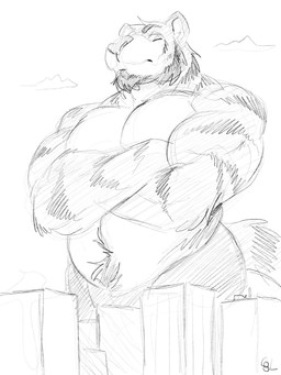 anthro beard belly big_belly bottomwear clothed clothing crossed_arms eyes_closed facial_hair front_view macro male male_anthro mouth_closed muscular muscular_anthro muscular_male outside overweight overweight_anthro overweight_male solo striped_arms topless solaxe_(artist) felid mammal pantherine tiger 3:4 hi_res monochrome sketch