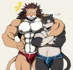 abs anthro biceps blush clothed clothing countershading duo fur hair male muscular muscular_male nipples overweight pecs slightly_chubby topless underwear bearlovestiger13 lagoon_lounge rai_banjou yamato_hitofumi domestic_cat felid feline felis lion mammal pantherine 2017