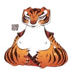 anthro breasts clothed clothing exposed_breasts female front_view holding_breast nipples partially_clothed simple_background solo stripes white_background dekonsfw dreamworks kung_fu_panda master_tigress felid mammal pantherine tiger 1:1 2023 half-length_portrait portrait