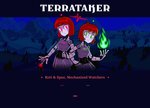 breasts duo entwined_arms eyelashes female fire green_eyes hair looking_at_viewer machine not_furry red_eyes red_hair text limehazard helltaker terraria the_twins_(terraria) humanoid robot robot_humanoid english_text