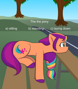 bench blue_eyes braided_hair cutie_mark female female_feral feral grass hair hooves lying mane orange_body outside plant ponytail purple_hair purple_hooves purple_mane purple_tail sitting solo standing tail text tree unguligrade mimicharmony hasbro mlp_g5 my_little_pony sunny_starscout_(mlp) earth_pony equid equine horse mammal pony digital_drawing_(artwork) digital_media_(artwork) english_description english_text meme