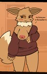 anthro black_nose blush breasts brown_body brown_clothing brown_eyes brown_fur brown_sweater brown_topwear clothing dialogue female flashing_breast fur nipples one_breast_out solo sweater talking_to_viewer topwear wolfgang_(artist) nintendo pokemon eevee generation_1_pokemon pokemon_(species) hi_res