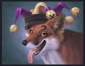 ambiguous_gender bell black_border black_lips black_nose bleh border clothing ears_up fangs feral fool's_hat fur gradient_background grey_background hat headgear headwear inner_ear_fluff jester lips long_mouth looking_at_viewer no_sclera open_mouth orange_body orange_eyes orange_fur pink_tongue pupils quadruped sharp_teeth simple_background slit_pupils snout solo teeth tongue tongue_out trickster tuft whiskers white_body white_fur hibbary canid canine fox mammal red_fox true_fox 2006 absurd_res bust_portrait detailed hi_res portrait