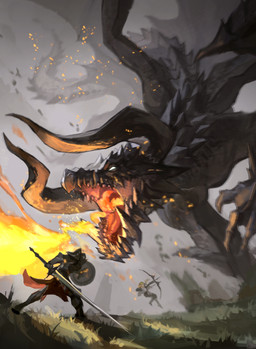 ambiguous_gender armor bow_(weapon) breath_powers elemental_manipulation feral fight fire fire_breathing fire_manipulation grey_body grey_scales group horn humanoid_pointy_ears macro melee_weapon pointy_ears ranged_weapon scales shield sword tail weapon dariku mythology dragon elf human humanoid mammal mythological_creature mythological_scalie scalie 2020 absurd_res hi_res