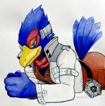 anthro armor blue_body blue_eyes blue_feathers clothed clothing feathers headgear helmet lying male on_front reflector_(object) scouter smile solo tail ulala_ko nintendo star_fox falco_lombardi avian hi_res painting_(artwork) traditional_media_(artwork) watercolor_(artwork)