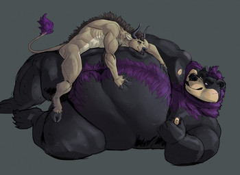 anthro belly big_belly black_body black_fur brown_hair duo fur hair horn male male/male moobs morbidly_obese morbidly_obese_male muscular muscular_male nude obese obese_male overweight overweight_male purple_hair size_difference tan_body tan_fur dekuinthelake bear bovid bovine cattle mammal