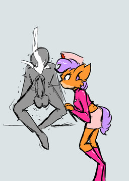 anthro balls big_balls bodily_fluids boots clothing cum cum_explosion cum_on_face cum_on_own_face cum_on_self duo ejaculation female footwear fur genital_fluids genitals grey_background grey_body grey_skin hair hands-free human_on_anthro humanoid_genitalia humanoid_penis inner_ear_fluff interspecies male male/female nurse orange_body orange_fur orgasm penis pink_boots pink_clothing pink_footwear premature_ejaculation purple_hair purple_tail shaking shivering shoes simple_background tail tuft celera_prime anon perl_(celera_prime) human mammal