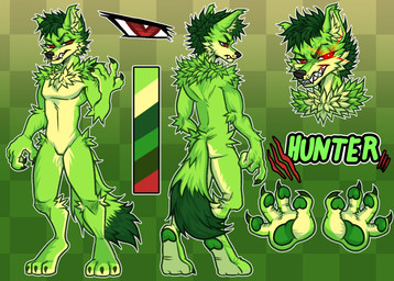 anthro fur green_body green_fur lens_flare male red_eyes scratch_mark solo tail gatopepaz hunter_(htghunter) canid canine canis mammal wolf hi_res