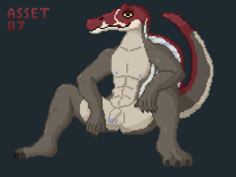 anthro balls belly countershade_torso countershading flaccid genitals green_eyes grey_body male multicolored_body muscular navel nude penis penis_tip pose red_head_(anatomy) sail_(anatomy) solo stripes tail tan_balls tan_belly 5up3rfr34k amblin_entertainment jurassic_park universal_studios asset_87_(jurassic_park_3) dinosaur prehistoric_species reptile saurischian scalie spinosaurid spinosaurus spinosaurus_(jurassic_park_3) theropod digital_media_(artwork) pinup pixel_(artwork)