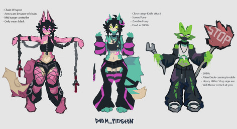 alternative_fashion anthro black_hair bone bone_mask bottomwear chain clothing ear_piercing ear_ring fashion female fishnet_clothing fur genocide_(doom_pidgeon) glowing glowing_eyes group hair hole_in_pants knife legwear long_ears male male/female markings mask midriff multicolored_body multicolored_fur oversized_bottomwear oversized_clothing oversized_pants pants pattern_clothing pattern_legwear pattern_stockings paws piercing purple_eyes ring_piercing shirt skull skull_mask stockings stop_sign string_panties striped_clothing striped_legwear striped_stockings stripes tail tail_markings tank_top text tools topwear trio wounded wrench zoko_(doom_pidgeon) doom_pidgeon alien goo_creature undead zombie english_text hi_res