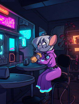 anthro belt boots breasts chair clothing cyberpunk eating eyebrows eyelashes female food footwear fur furniture glistening grey_body grey_fur grey_hair hair purple_eyes sandwich_(food) shoes sitting solo table psicoyote mammal mouse murid murine rodent 2025 hi_res