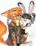 anthro chain clothing cybernetics duo eyes_closed eyewear female frown fur goggles green_eyes grey_body grey_fur inner_ear_fluff long_ears machine male muzzle_(object) orange_body orange_fur parody raised_arm simple_background size_difference smile tuft wanderingdoodles disney mad_max zootopia judy_hopps nick_wilde canid canine cyborg fox lagomorph leporid mammal rabbit red_fox true_fox 2016 traditional_media_(artwork)