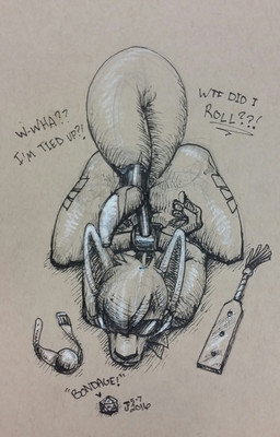 anthro ball_gag bdsm blindfold bondage bound d20 dialogue dice fur gag hands_behind_back humor male nude paddle simple_background solo submissive submissive_male tail tail_bondage tail_tied text hornyori kangaroo macropod mammal marsupial 2016 english_text hi_res monochrome