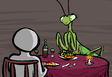 alcohol ambiguous_gender beverage bottle container duo female food pasta spaghetti jam_(artist) arthropod bee human hymenopteran insect mammal mantis aliasing binary_drawing digital_drawing_(artwork) digital_media_(artwork)