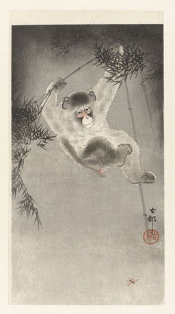 5_fingers 5_toes ambiguous_feral ambiguous_gender bamboo bamboo_tree branch cjk_character curling_toes feet feral fingers fur gradient_background hanging_from_branch leaf plant plantigrade short_tail simple_background solo tail toes tree ohara_koson public_domain ambient_arthropod ambient_insect haplorhine mammal monkey primate 20th_century absurd_res ancient_art hi_res traditional_media_(artwork)