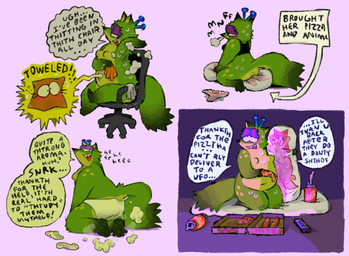 antennae_(anatomy) anthro beverage_can biped body_pillow bottomless bra bra_only breasts chair clothed clothing controller directional_arrow fart female food footwear furniture garlic_bread green_body inanimate_transformation lisp living_towel office_chair panties pillow pink_background pizza remote_control simple_background slightly_chubby smelly smile socks solo speech_bubble towel transformation underwear underwear_only watching_television shockpine alien mammal mephitid skunk hi_res