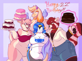 2_horns 4_claws 4_fingers anthro barbel_(anatomy) beanie belly big_belly big_breasts biped birthday blue_bottomwear blue_clothing blue_hair blue_shorts bottomless bottomless_anthro bottomless_female bottomwear breasts brown_body brown_countershading butt button_(fastener) cake candy chest_markings chocolate chocolate_cake claws cleavage clothed clothed_anthro clothed_female clothing colored_fire countershade_face countershade_fur countershade_hands countershade_legs countershade_neck countershade_thighs countershade_torso countershading curly_hair denim denim_bottomwear denim_clothing denim_shorts dessert dipstick_ears ear_markings eyewear facial_markings featureless_crotch feederism female female/female female_anthro fingers fire flesh_whiskers floppy_ears fluffy fluffy_tail flustered food fur glasses gloves_(marking) grey_beanie grey_bottomwear grey_clothing grey_hat grey_headwear grey_pants group hair happy_birthday hat head_markings headgear headwear heart_(marking) holding_cake holding_food holding_object horn jacket leg_markings looking_at_another looking_at_partner magic magic_user markings mask_(marking) multicolored_ears navel obese obese_anthro obese_female off_shoulder orange_body orange_fur orange_text overweight overweight_anthro overweight_female pants partially_clothed partially_clothed_anthro partially_clothed_female pink_body pink_countershading pink_fur pink_hair pink_horn pink_text purple_fire red_body red_fur red_hair red_magic red_text round_glasses shirt shorts socks_(marking) standing stated_age striped_hair striped_markings striped_tail stripes t-shirt tail tail_markings tear_(marking) telekinesis text thick_thighs topwear tuft wavy_hair white_body white_clothing white_countershading white_dress_shirt white_ears white_jacket white_markings white_shirt white_stripes white_t-shirt white_topwear strawberrymilkdog mythology cherry_jubilee_(strawberrymilkdog) daiquiri_(strawberrymilkdog) glowie_(doughieglowie) taffy_(strawberrymilkdog) ailurid canid canine canis chihuahua domestic_dog dragon furred_dragon furred_scalie mammal mythological_creature mythological_scalie procyonid raccoon red_panda scalie toy_dog hi_res