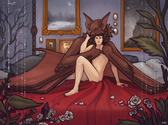 anthro arm_tuft bat_ears bat_nose bat_wings bed bedroom cuddling duo elbow_tuft eyes_closed fangs female flower fur furniture hand_on_cheek interspecies larger_anthro larger_female looking_at_another male male/female membrane_(anatomy) membranous_wings neck_tuft nude on_bed pillow plant sitting size_difference smaller_human smaller_male smile teeth tuft wall_art winged_arms wings tertia_decima elena_(validheretic) bat human leaf-nosed_bat mammal microbat vampire_bat yangochiropteran digital_media_(artwork) hi_res
