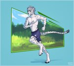 abs abstract_background anthro athletic athletic_anthro athletic_male bottomwear clothed clothing fur green_eyes male partially_clothed running shorts solo sportswear spots text white_body white_fur marytoad sint_(hfd4) cheetah felid feline mammal absurd_res english_text hi_res