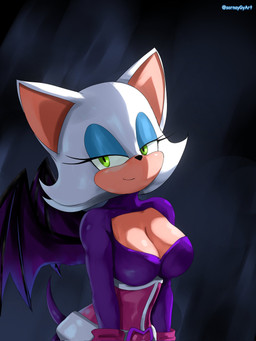 anthro breasts cleavage clothed clothing eyelashes eyeshadow female fur hair half-closed_eyes makeup membrane_(anatomy) membranous_wings narrowed_eyes simple_background smile solo standing tail wings soranygyart sega sonic_the_hedgehog_(series) rouge_the_bat bat mammal 3:4 digital_media_(artwork) hi_res