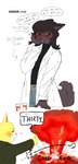 anthro black_text blush clothing coat directional_arrow duo explosion eyewear facial_piercing female gesture glasses good_end good_girl hand_gesture lab_coat nose_piercing nose_ring piercing pill_bottle pointing red_eyewear red_glasses ring_piercing simple_background speech_bubble text topwear white_background yellow_body sepulturegirl late_homework haneko_(late_homework) sophia_(sepulture_girl) ambiguous_species canid canine canis mammal wolf hi_res japanese_text trans_(lore) trans_woman_(lore)