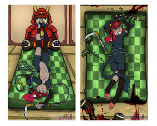 anthro blood bodily_fluids bound breasts butt clothing dakimakura damaged_furniture feet female footwear futon kusarigama mostly_nude nude pawpads plushie small_breasts solo toeless_footwear beatbo beatboafterdark minji_(beatbo) felid feline hybrid mammal absurd_res hi_res