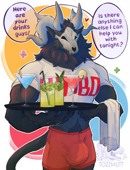 anthro black_bottomwear black_claws black_clothing black_hair black_shorts bone bottomwear bulge claws clothing fur hair horn male male_anthro midriff muscular muscular_anthro muscular_male one_eye_closed pecs pubes red_bottomwear red_clothing red_shorts shirt shorts skull skull_head solo speech_bubble standing tail text topwear tozzmutt american_mythology himbo_hooters indigenous_north_american_mythology mythology north_american_mythology roderick_(elsifthewolf) wendigo digital_drawing_(artwork) digital_media_(artwork) english_text hi_res