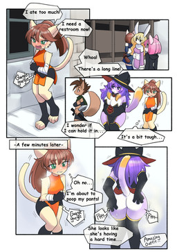 anthro bathroom breasts brown_hair cleavage clothed clothing curvy_figure dark_eyes desperation fart female fingerless_gloves footwear fur gloves green_eyes group hair handwear long_tail orange_clothing poop_desperation potty_dance public_restroom purple_body purple_hair rumbling_stomach skinny socks speech_bubble tail text thought_bubble toeless_footwear toeless_socks waiting_in_line witch_costume yellow_body yellow_fur unoroute ambiguous_species domestic_cat felid feline felis lagomorph leporid mammal rabbit comic english_text