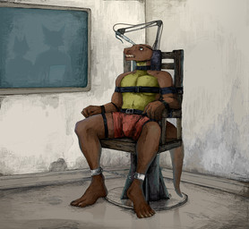 5_toes anthro barefoot bound chain chained collar cuff_(restraint) execution feet gore leather leather_cuffs male male_anthro plantigrade prison prisoner restraints scared shackles sitting solo submissive submissive_male toes jeffusherb ivan_(strangleddragons) lizard reptile scalie 2026 hi_res