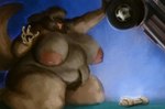 5_fingers anthro belly big_belly big_breasts breasts brown_body brown_fur eye_covering female fingers fur huge_belly huge_breasts nipples nude overweight overweight_anthro overweight_female pubes solo tail vehicle rayoutofspace canid canine mammal absurd_res hi_res