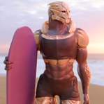 beach bodypaint clothing crop_top face_paint male muscular muscular_male outside seaside shirt solo standing surfboard swimming_trunks swimwear topwear kagekave bioware electronic_arts mass_effect verros alien turian 3d_(artwork) digital_media_(artwork) hi_res