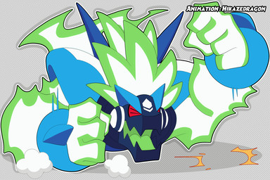 4_fingers anthro blue_body cybernetics dotted_background eyes_closed fingers fist green_body green_hair hair machine male metallic_body motion_lines pattern_background red_eyes sharp_teeth simple_background solo tantrum teeth white_body white_hair hikazedragon capcom mega_man_(series) omega-xis alien cyborg em_being 2026 2d_animation 3:2 animated loop