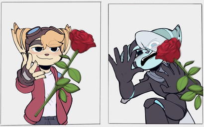 anthro black_eyes clothing duo eyebrows eyewear eyewear_on_head fingerless_gloves flower gloves goggles goggles_on_head handwear jacket male plant rose_(flower) shirt smile throwing topwear time_fluffy500 ratchet_and_clank sony_corporation sony_interactive_entertainment mopz_(ratchet_and_clank) sprocket_(ratchet_and_clank) lombax mammal 2026 hi_res