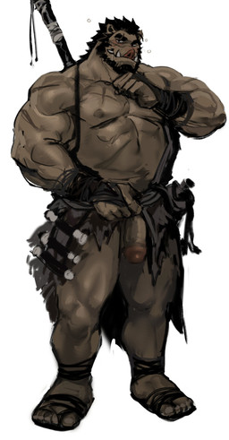 anthro beard biceps black_hair facial_hair fangs genitals hair male muscular muscular_anthro muscular_male nipples pecs penis pig_nose scar solo teeth weapon weapon_on_back dopq mammal suid suine sus_(pig) wild_boar absurd_res hi_res